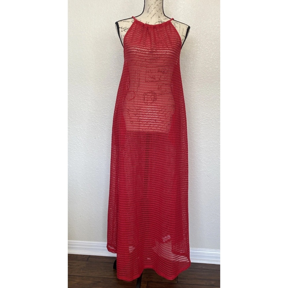 NWT Haute Hippie Knit/‎ Crochet Halter Maxi Cover Up, Size M, Red,